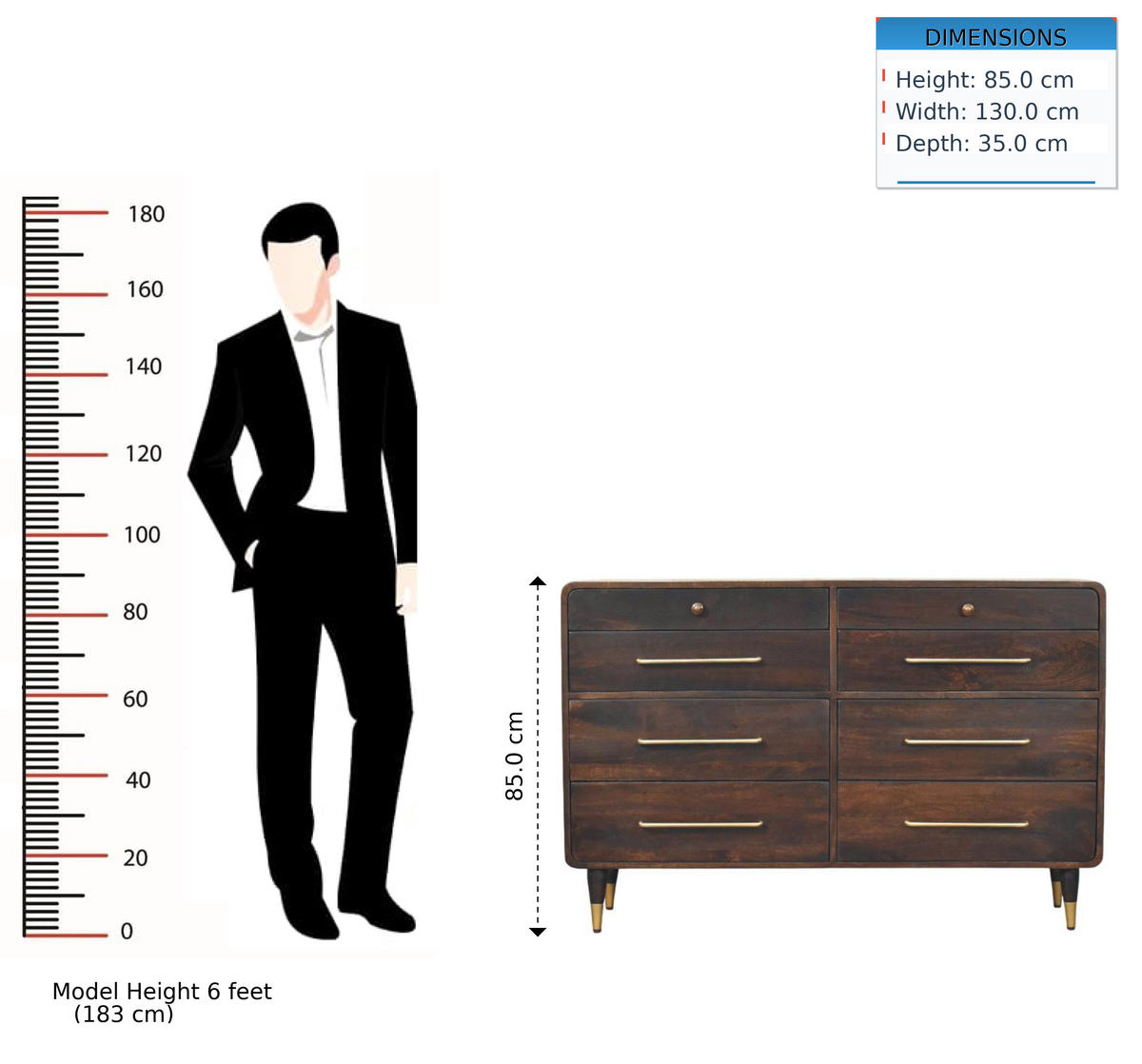 KOMMODE mit edlem Velvet-Mocha-Finish, 6 Schubladen, dunkelbraun - Dunkelbraun, Holz (130/85/35cm) - Artisan Furniture
