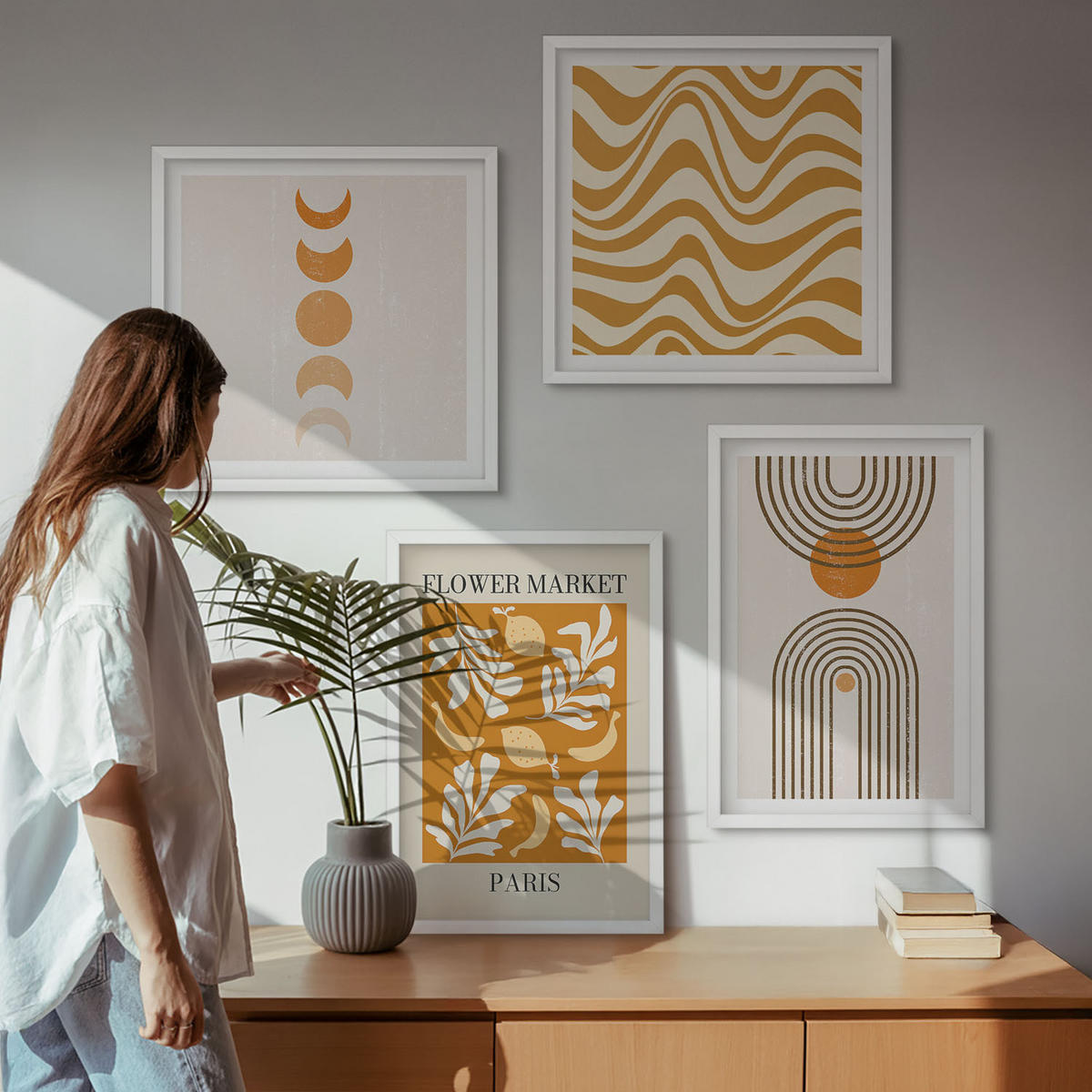 WANDBILDER 4er-Set - 50x50 cm & 40x60 cm Weißer Rahmen - Geometrische Pflanzenmuster - Weiß, Kunststoff (50/50cm) - ArtPrintCave