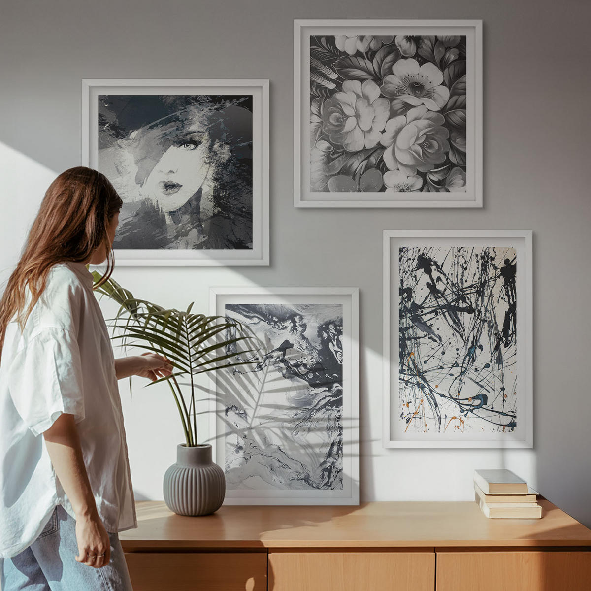 WANDBILDER 4er-Set - 50x50 cm & 40x60 cm Weißer Rahmen - Abstrakte schwarz-weiße Muster - Weiß, Kunststoff (50/50cm) - ArtPrintCave