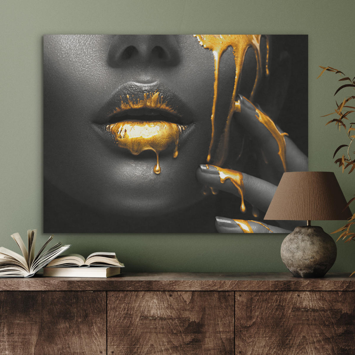 AKUSTIKPANEEL Frau - Schwarz - Gold - Gesicht - Lippen 80x60 cm - Goldfarben, Textil (80/0.9/60cm) - MuchoWow
