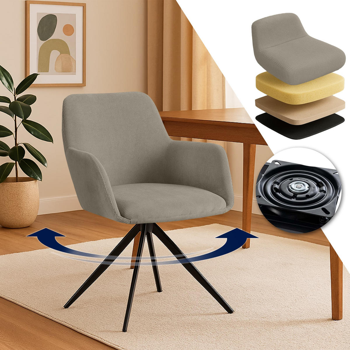 ESSZIMMERSTUHL Cord Taupe - Taupe/Schwarz, Textil/Metall (56/81/62cm) - CLP