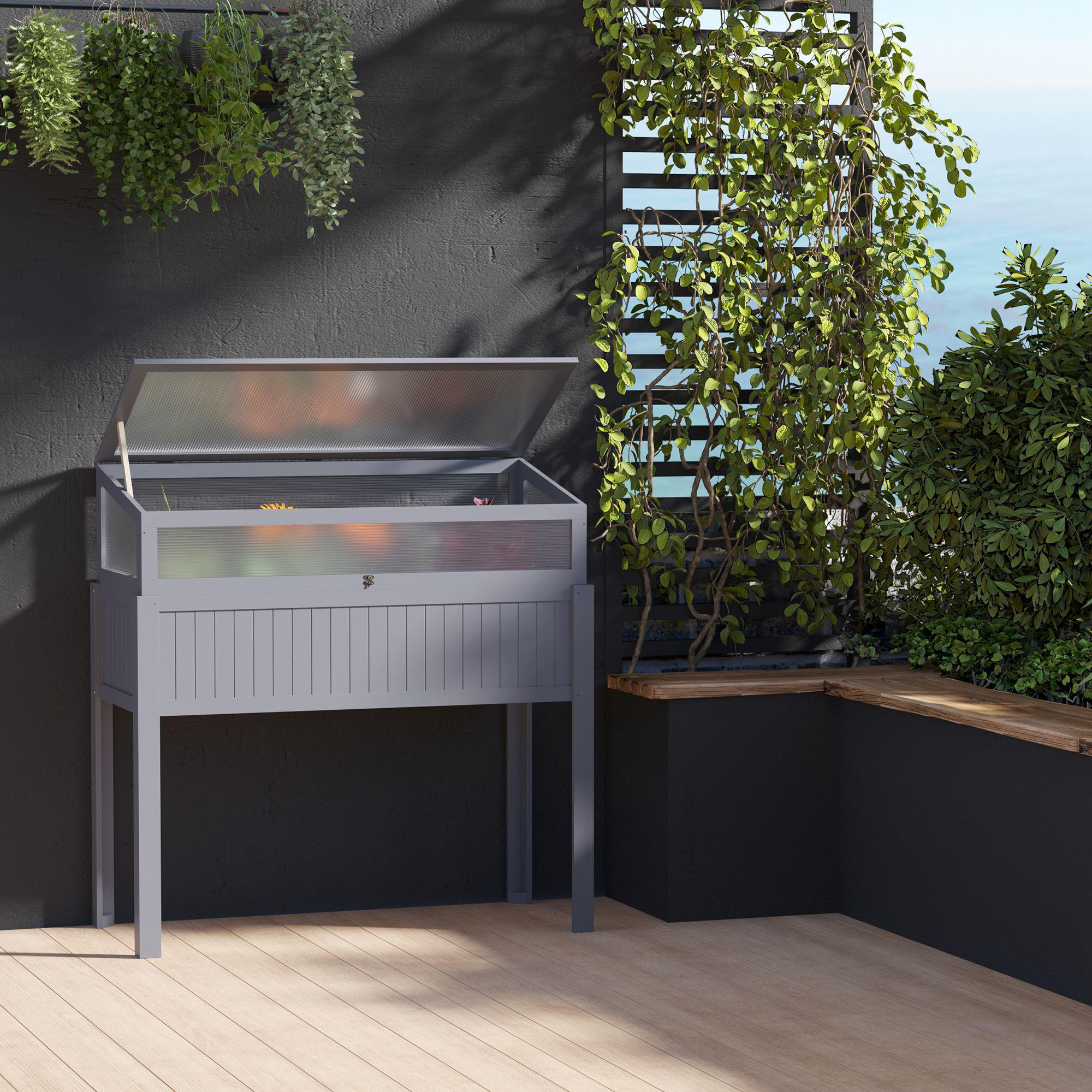HOCHBEET, Pflanzkasten, für Garten, Balkon und Terrasse, Tannenholz, PC-Panel, Grau - Grau, Holz/Kunststoff (54/122/120cm) - Outsunny