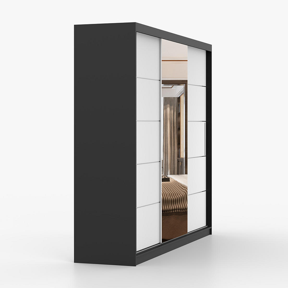 SCHWEBETÜRENSCHRANK Alba Schwarz/Weiß + Spiegel, ohne LED Beleuchtung 250 cm - Alufarben/Schwarz, Glas/Holzwerkstoff (250/218/61cm) - imoebel24