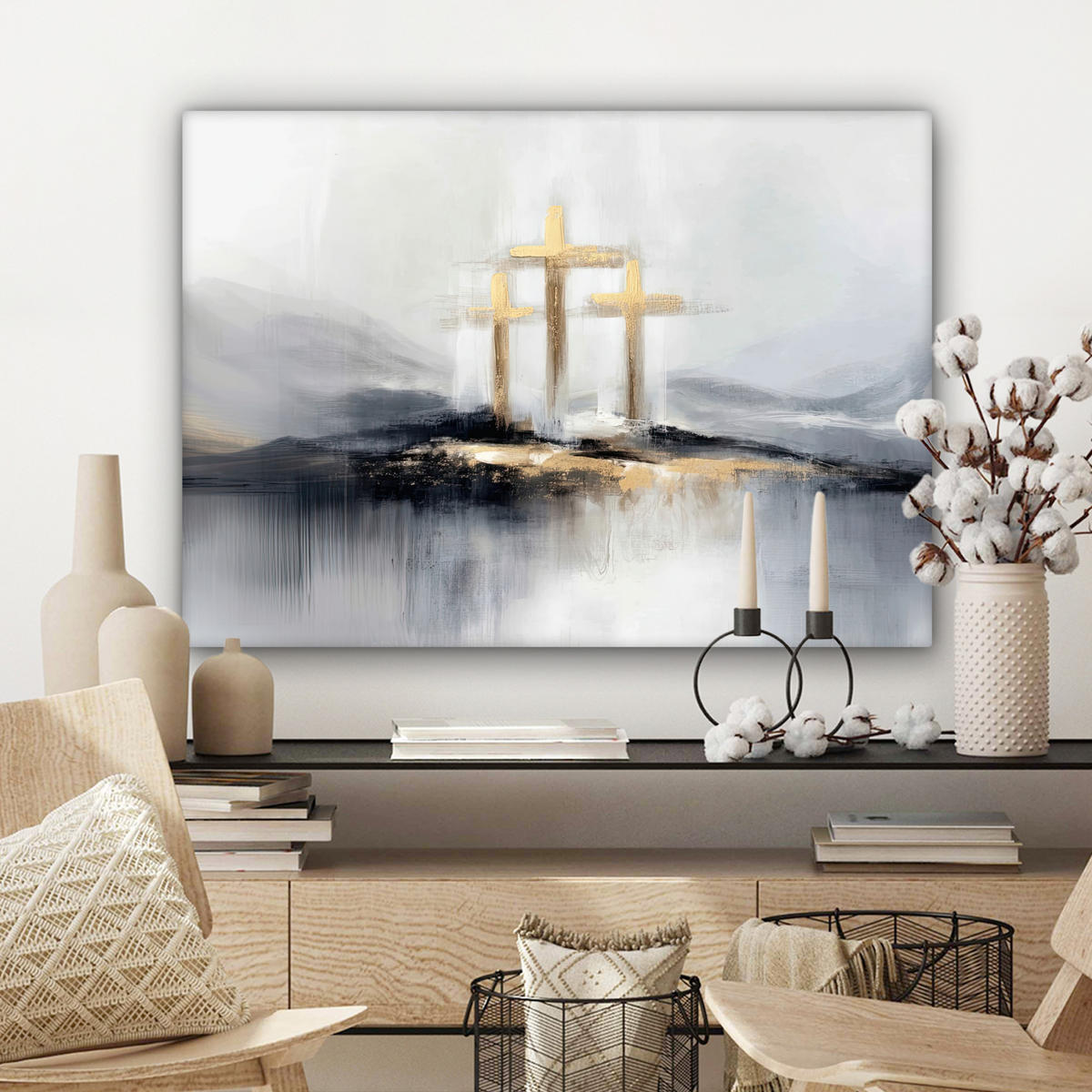 LEINWANDBILD Abstrakt - Malerei - Christentum - Kreuz Wandbilder 80x60 cm - Weiß, Textil (80/60cm) - MuchoWow