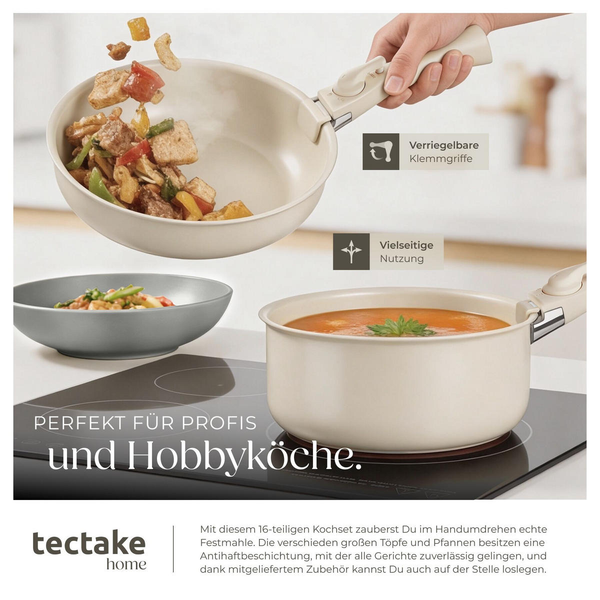 KÜCHENSTARTERSET 46er Set Una/Genua, inklusive Küchenwerkzeugen, Topfschonern und anklemmbaren Griffen, grau/weiß - Weiß/Grau, Keramik (27.5/13/44cm) - tectake