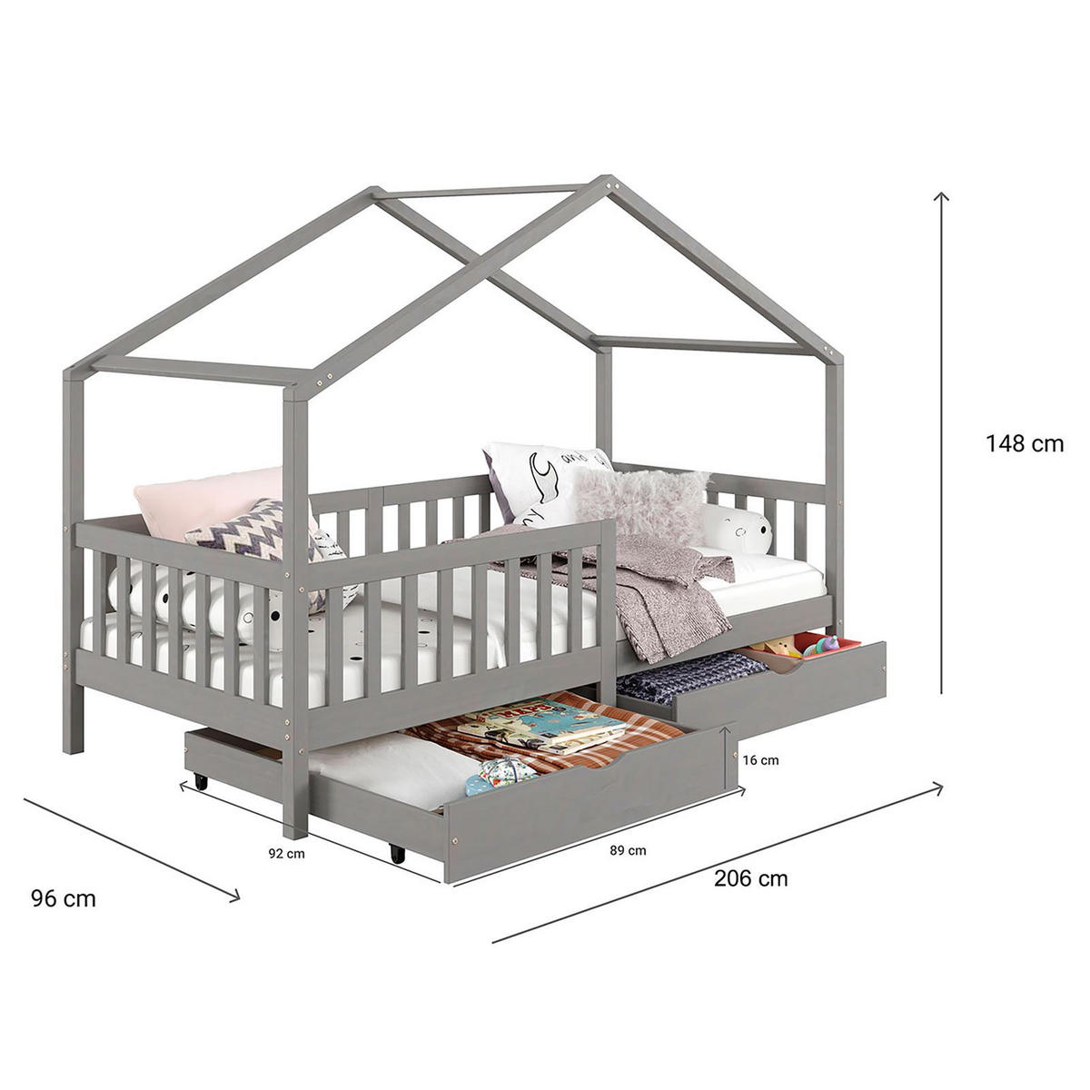 HAUSBETT ELEA 90X200 CM - Grau, Holz (96/148/206cm) - IDIMEX