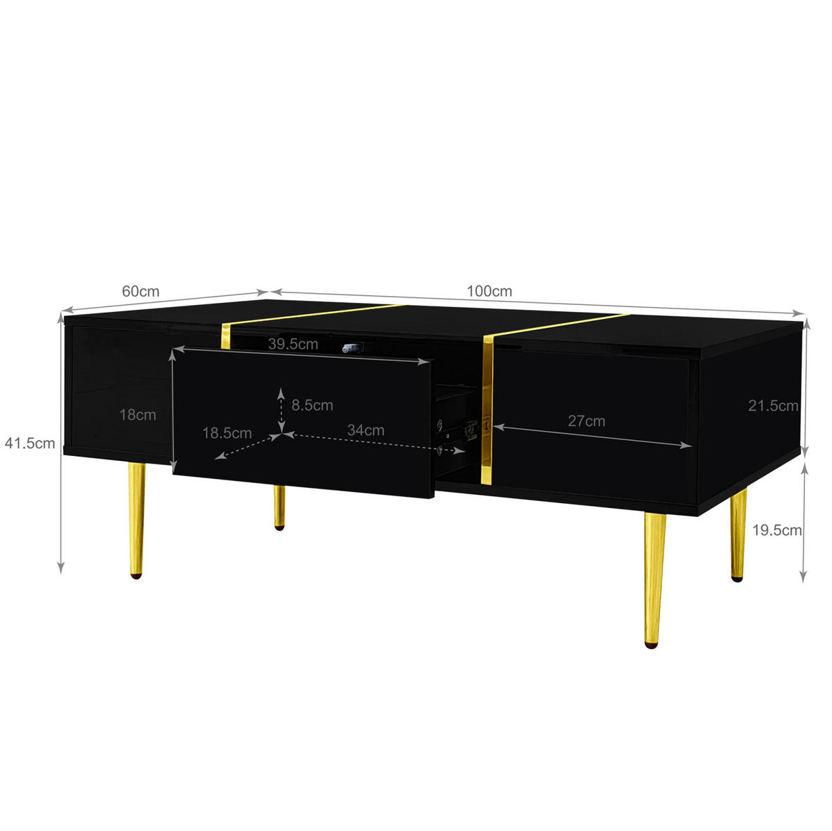 KONFERENČNÍ stolek 100/60/41,5 cm černý z MDF se 2 zásuvkami a vysokým leskem - černá, kompozitní dřevo (100/60/41.5cm) - OKWISH