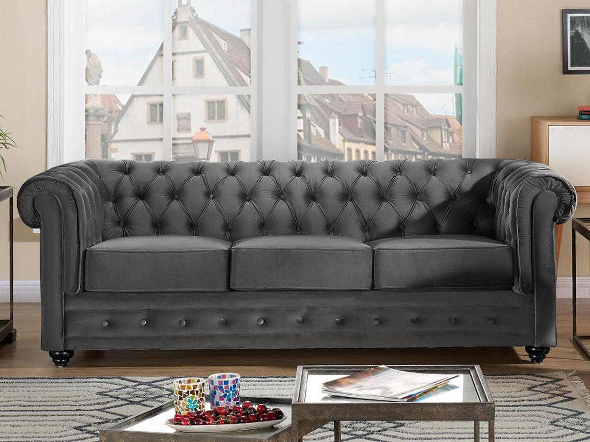 SOFA 3-Sitzer - Samt - Anthrazit - CHESTERFIELD - Anthrazit, Textil (88/72/205cm) - Vente-Unique