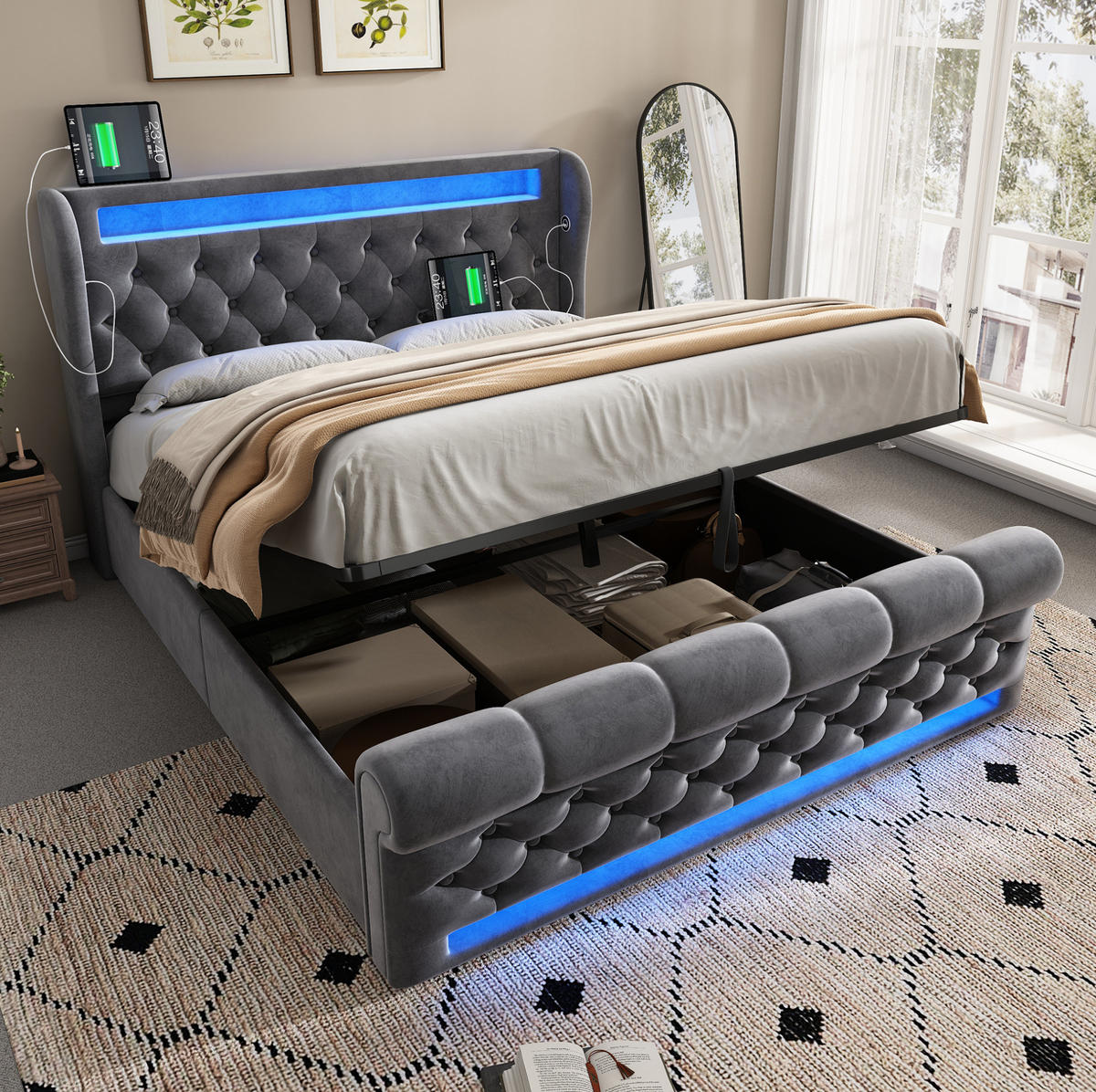 BETT mit LED, USB und Stauraum 140x200 cm Samt Grau - Grau, Metall (140/200cm) - Meubliv