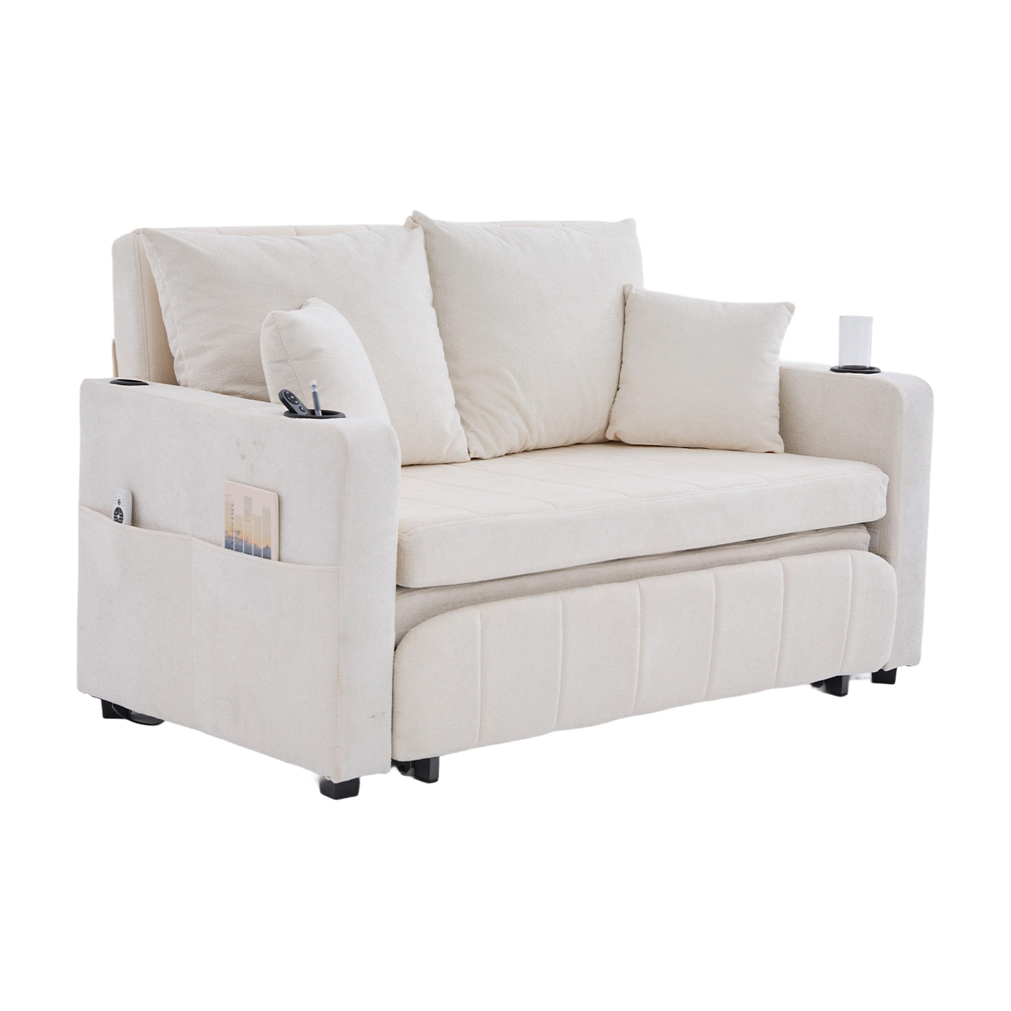 SCHLAFSOFA klappbar mit USB und Getränkehaltern, Beige - Beige, Textil (139/83/73cm)
