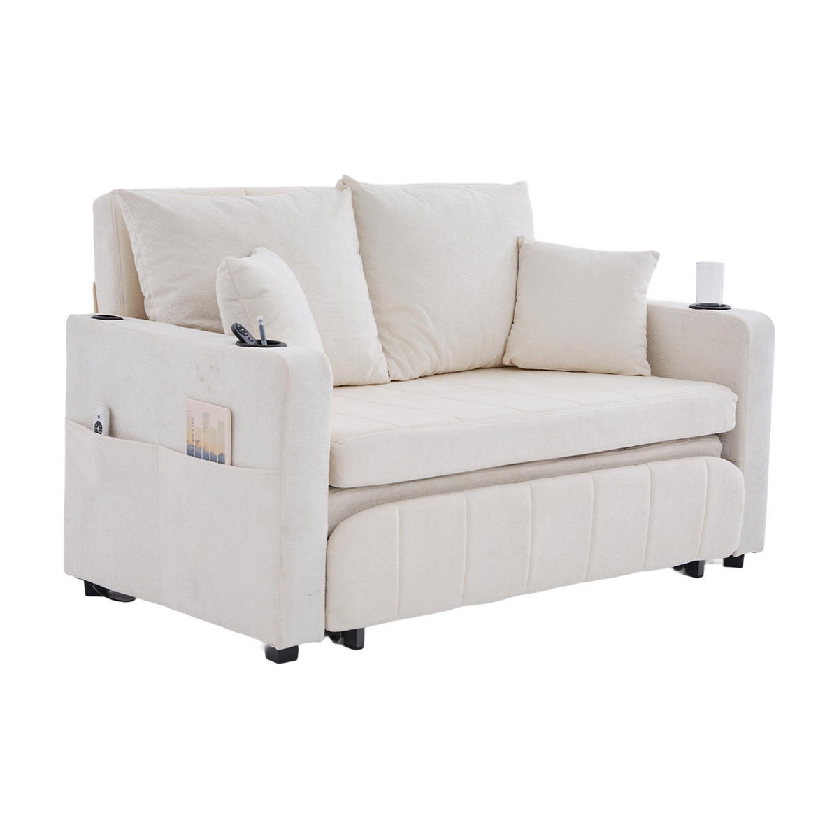 SOFA klappbar mit 4 Kissen und USB-Ladefunktion Chenille Beige 139/83/58 cm - Beige, Textil (139/83/73cm) - OKWISH