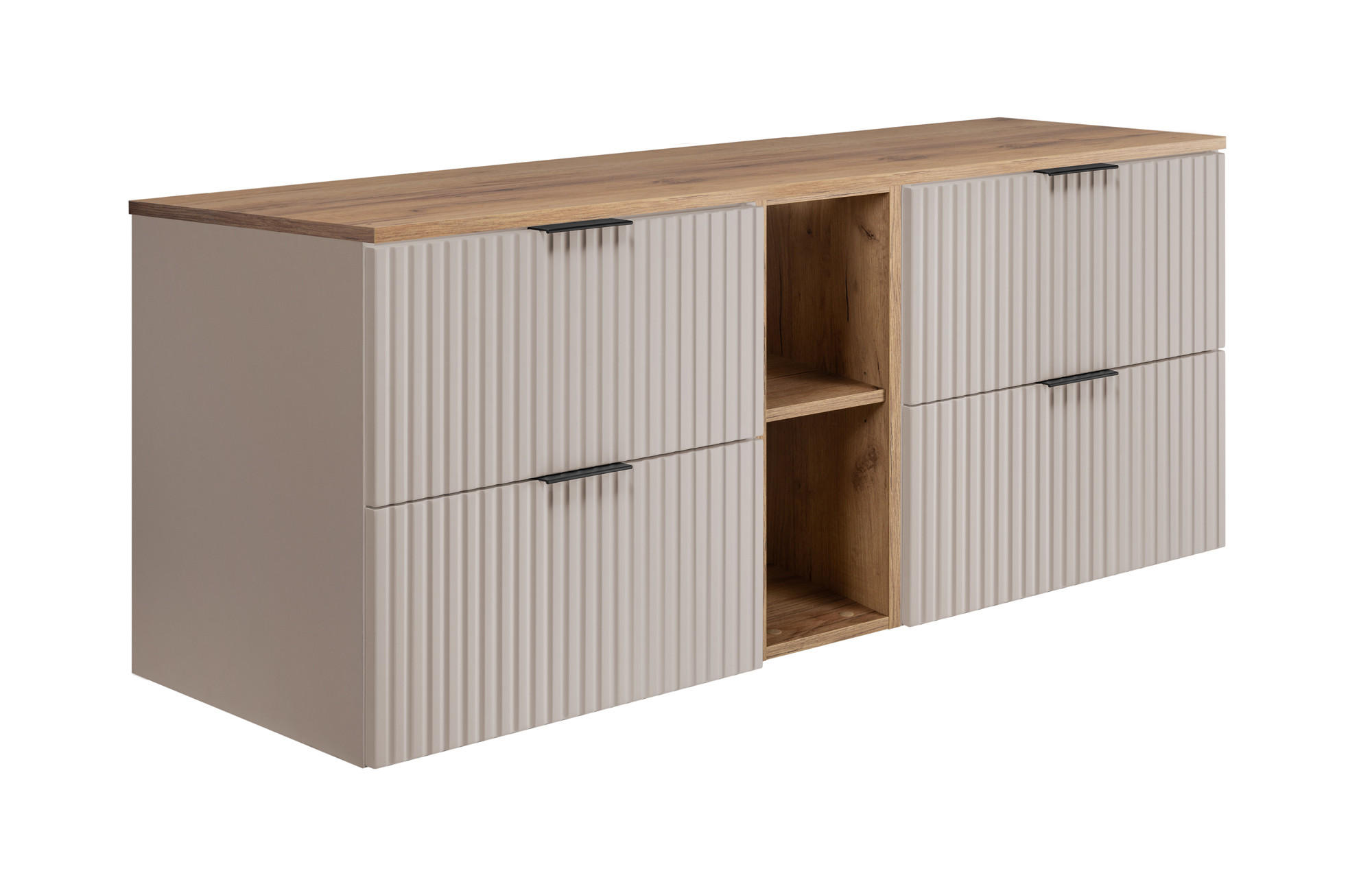 BADEZIMMERSCHRANK, Kaschmir / Gold-coloured Craft Eiche, Schwarze Griffe, 140 x 57 x 46 cm - Kaschmir/Eichefarben, Holzwerkstoff (140/57/46cm) - 3XE LIVING