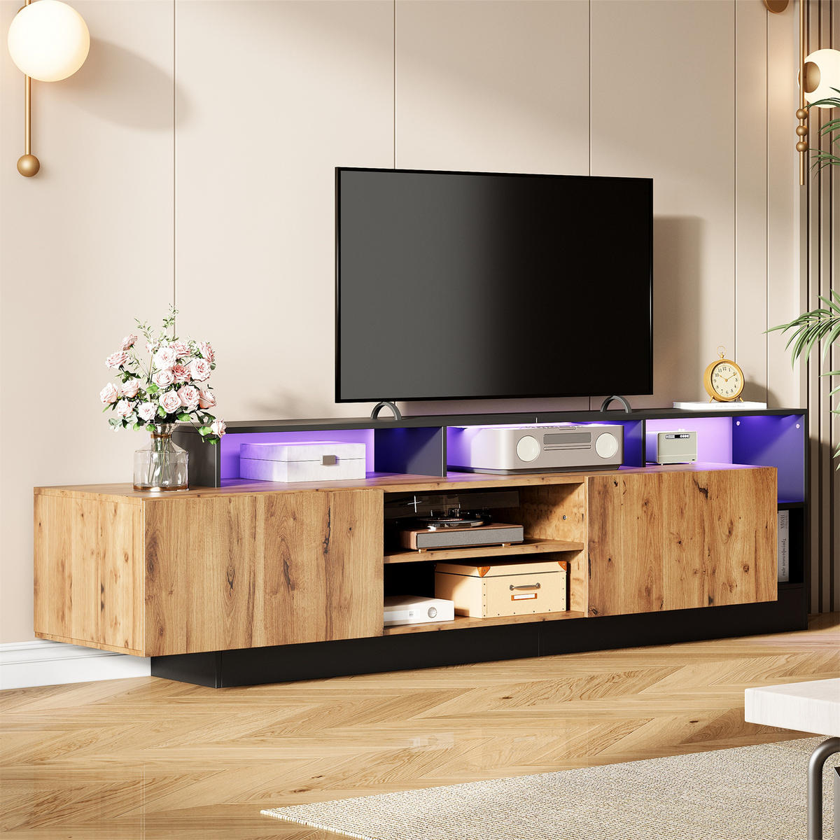 LOWBOARD 70 Zoll LED 16 Farben Klapptüren Spanplatte Stauraum modern Wohnzimmer Schlafzimmer - Eichefarben, Holzwerkstoff (190/48.5/40cm) - EVRYAE