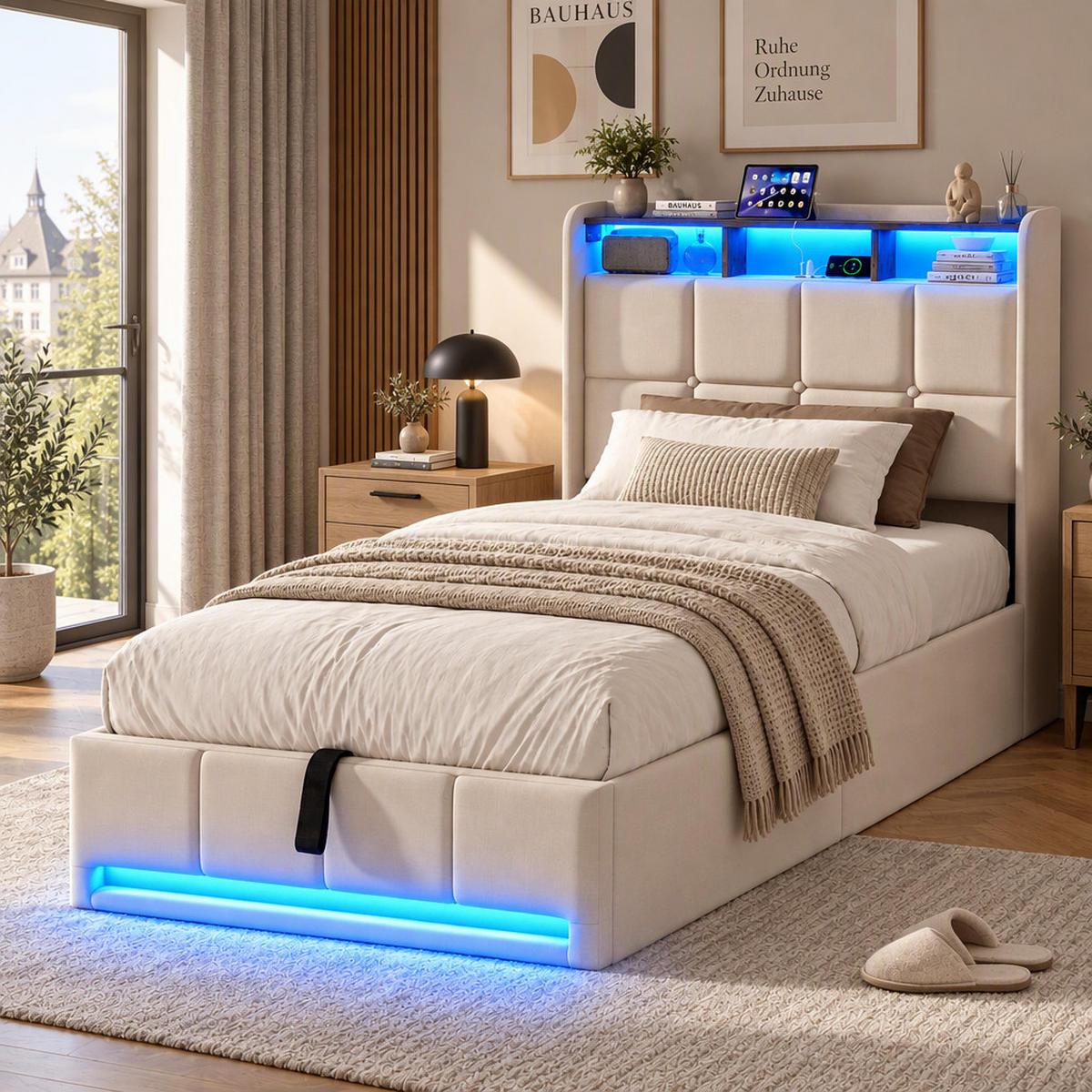 POLSTERBETT 90/200 cm，LED Bett Beige mit Stauraum & USB,Lattenrost,Leinen - Beige/Naturfarben, Holz/Textil (90/200cm) - FURNISHINGS HOME