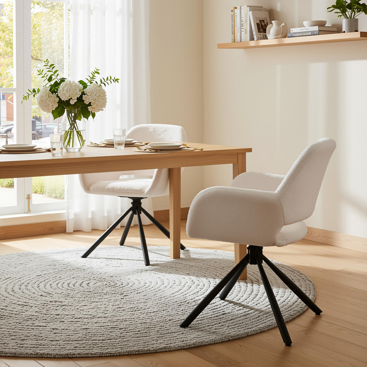 JÍDELNÍ ŽIDLE sada 2 ks sherpa bílá s funkcí otáčení a područkami - bílá, textil (60/80/60cm) - Urban Meuble