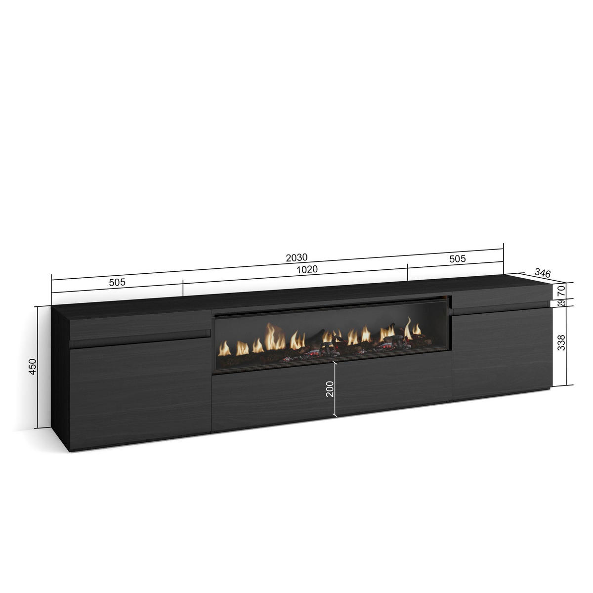 LOWBOARD Elektrokamin, schwarz, 200/35/45cm - Anthrazit, Holzwerkstoff (200/45/35cm) - Skraut Home