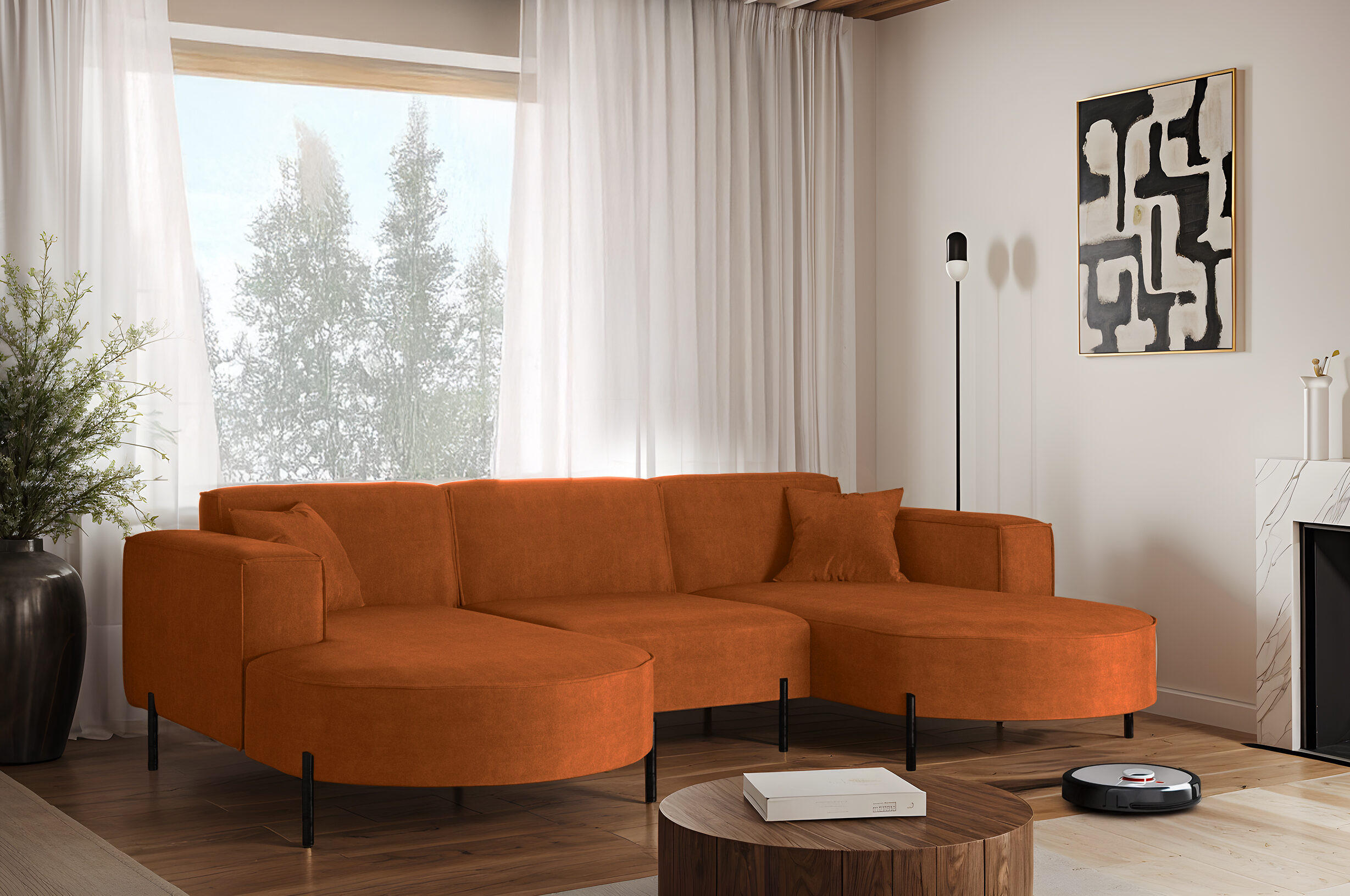 ECKSOFA U-Form Designer Modena Rein Stoff Noel Orange - Orange, Holz (165/299cm) - Kaiser Möbel