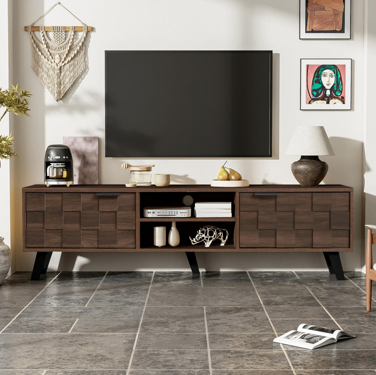 TV ormarić 160,5/35,5/45 cm boja drveta od iverice s 2 vrata i 2 otvorena pretinca - smeđa, drvni materijal (160.5/45/35.5cm) - OKWISH