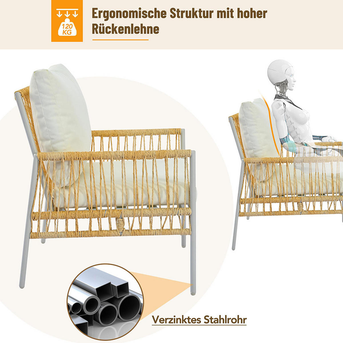 LOUNGEGARNITUR 7 Sitzplätze, Sitzkissen abnehmbar und waschbar, beige - Beige, Metall - KOMHTOM