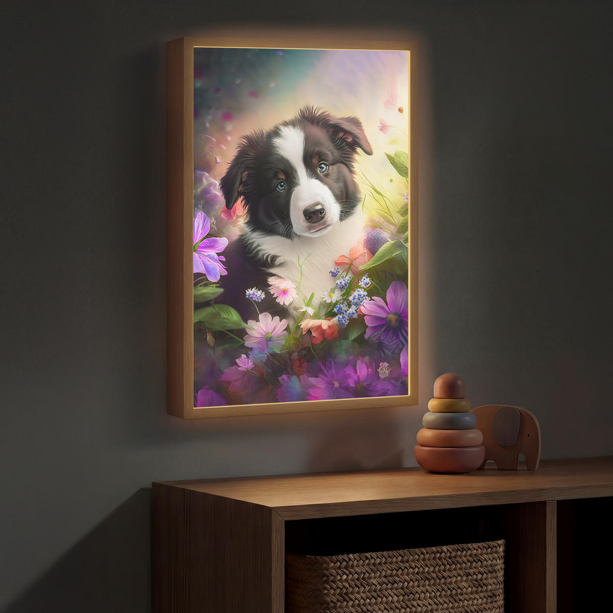 DOBÍJECÍ NOČNÍ LAMPIČKA Štěně - Slunce - Květiny - Příroda - Border kolie - Pes 40x60 cm - fialová, kompozitní dřevo (8/40/60cm) - OnlyWow