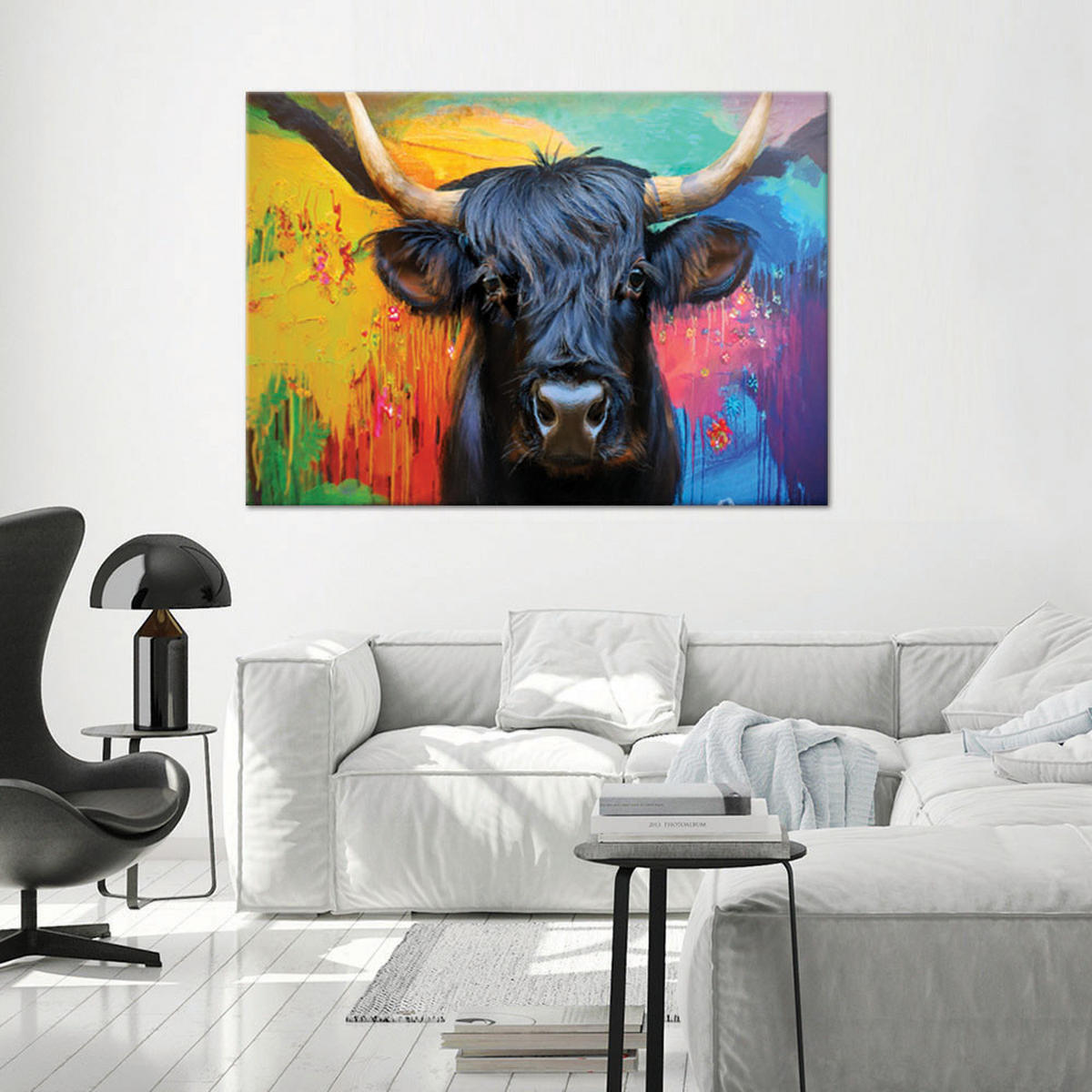 WANDBILD abstrakte schottische kuh auf buntem hintergrund - Multicolor, Textil (60/40cm) - Feeby