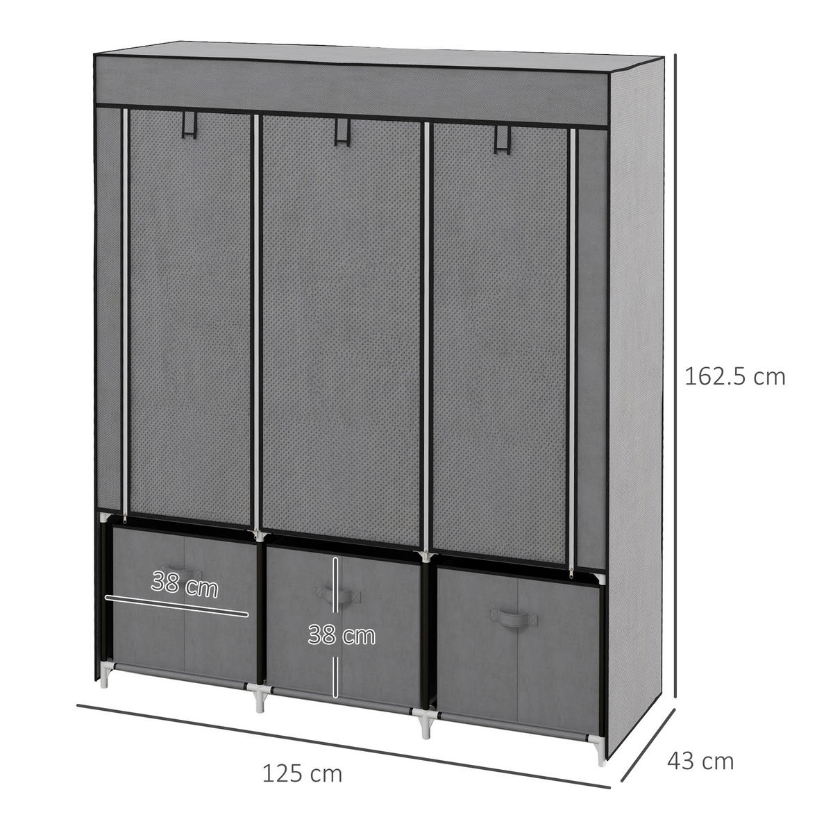 SIDEBOARD mit Reißverschluss und Kleiderstange,aus Vliesstoff mit 10 Einlegeböden - Dunkelgrau, Metall (125/162.5/43cm) - EVRYAE