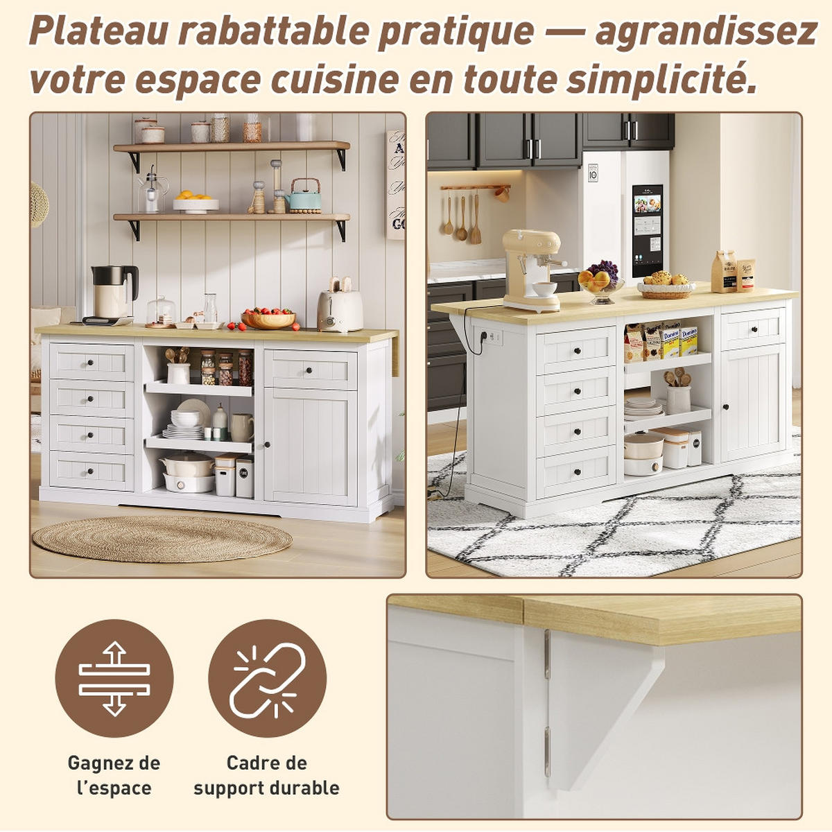 SIDEBOARD KÜCHENINSEL MIT STECKDOSEN, 5 Schubladen, Klappbar, Weiß, 150/65/75,5 cm - Eichefarben, Holzwerkstoff (65/75.5/150cm) - Rolipo
