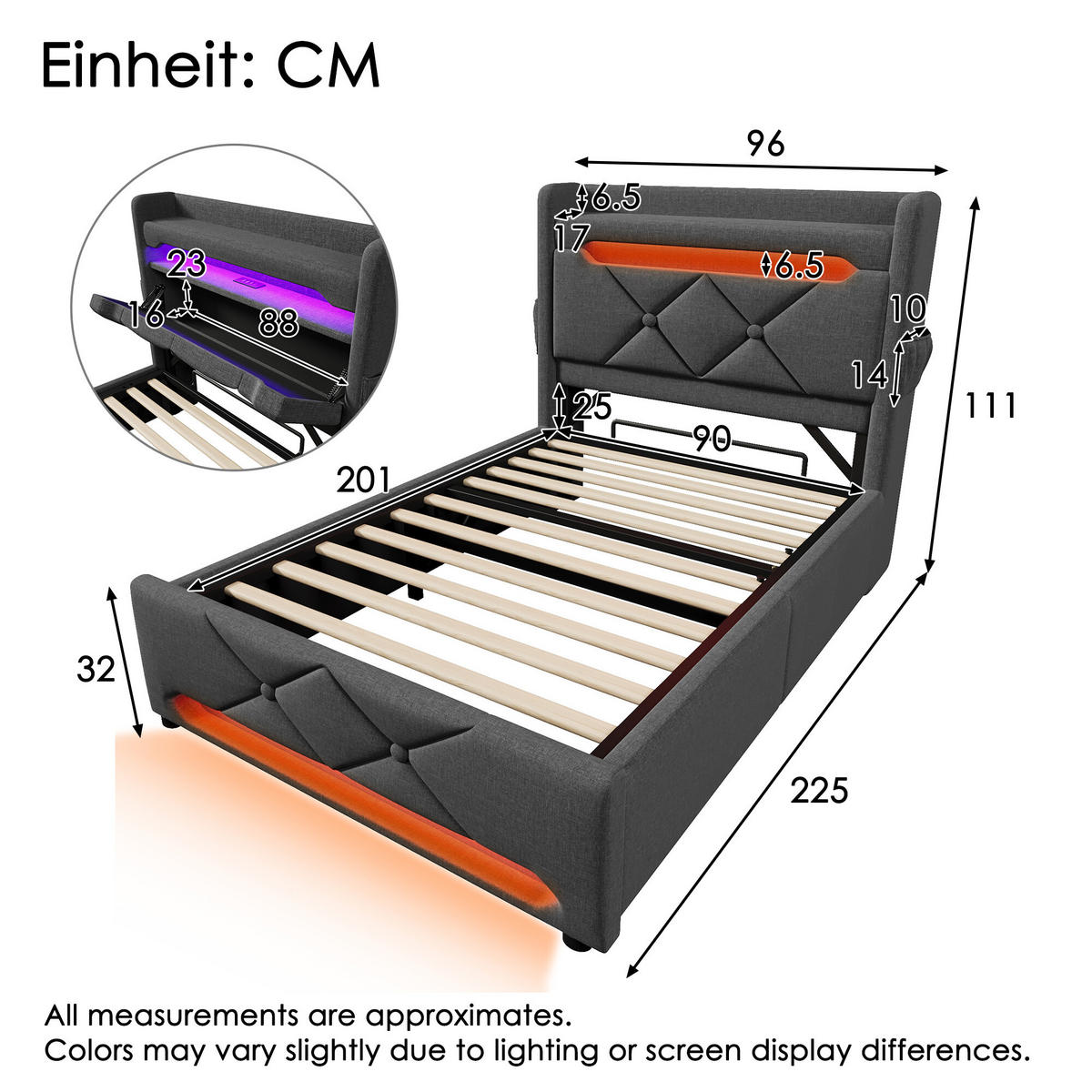 EINZELBETT mit Matratze, Stauraum und LED - Grau, Holzwerkstoff/Textil - Urban Meuble