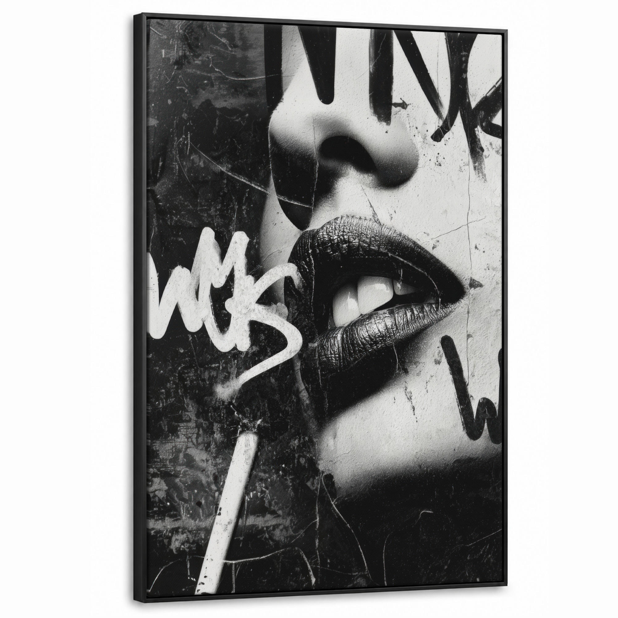 LEINWAND Bilder mit Rahmen - Gesicht - Mund - Graffiti - Schwarz - 90x140 - Schwarz, Textil (90/140cm) - MuchoWow