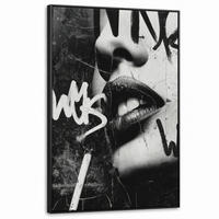 LEINWAND Bilder mit Rahmen - Gesicht - Mund - Graffiti - Schwarz - 80x120 - Schwarz, Textil (80/120cm) - MuchoWow