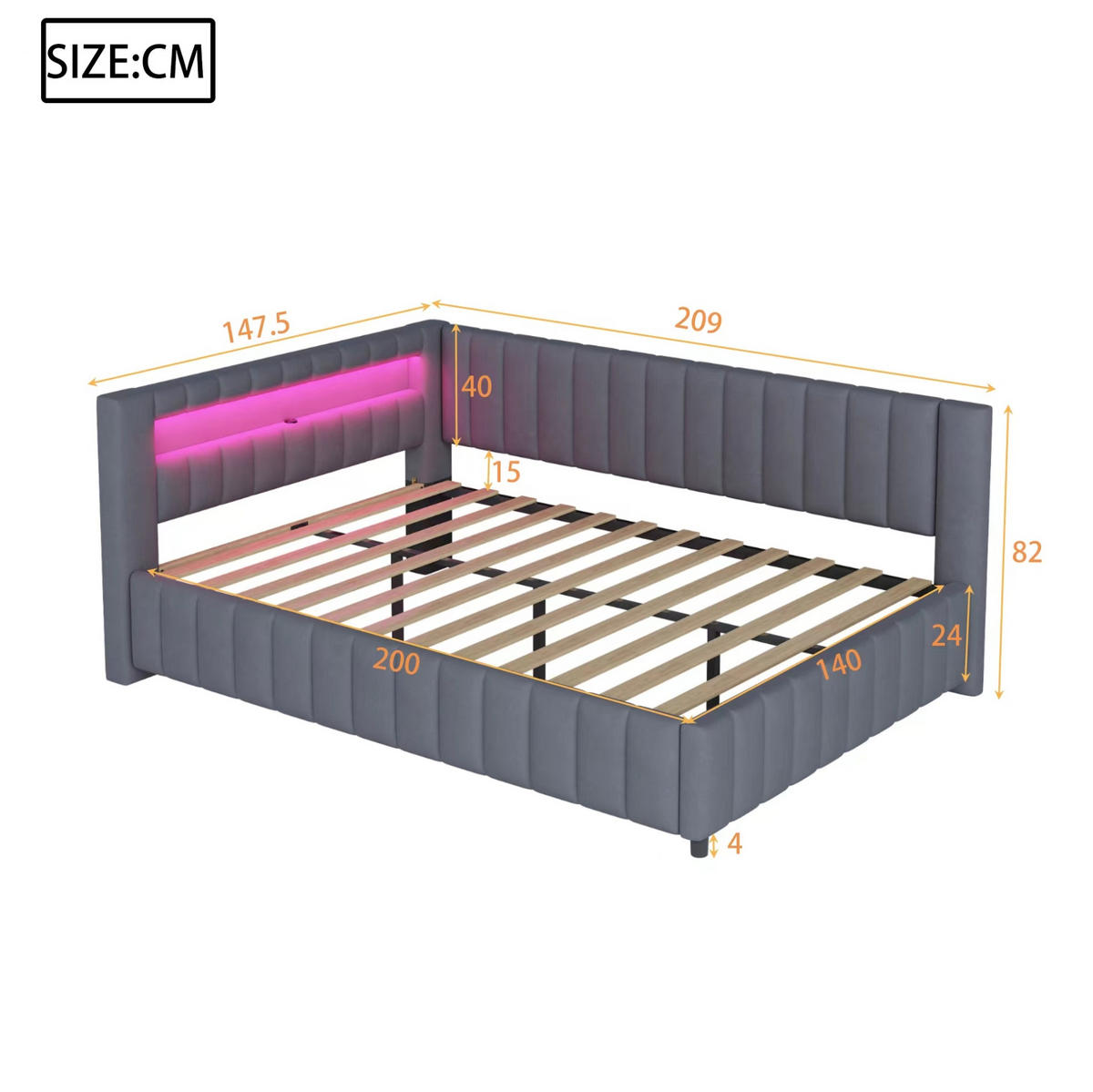 SCHLAFSOFA aus Samtstoff 140x200 cm Grau mit LED-Beleuchtung und USB-Anschluss - Grau, Textil (140/200cm) - IVMEU