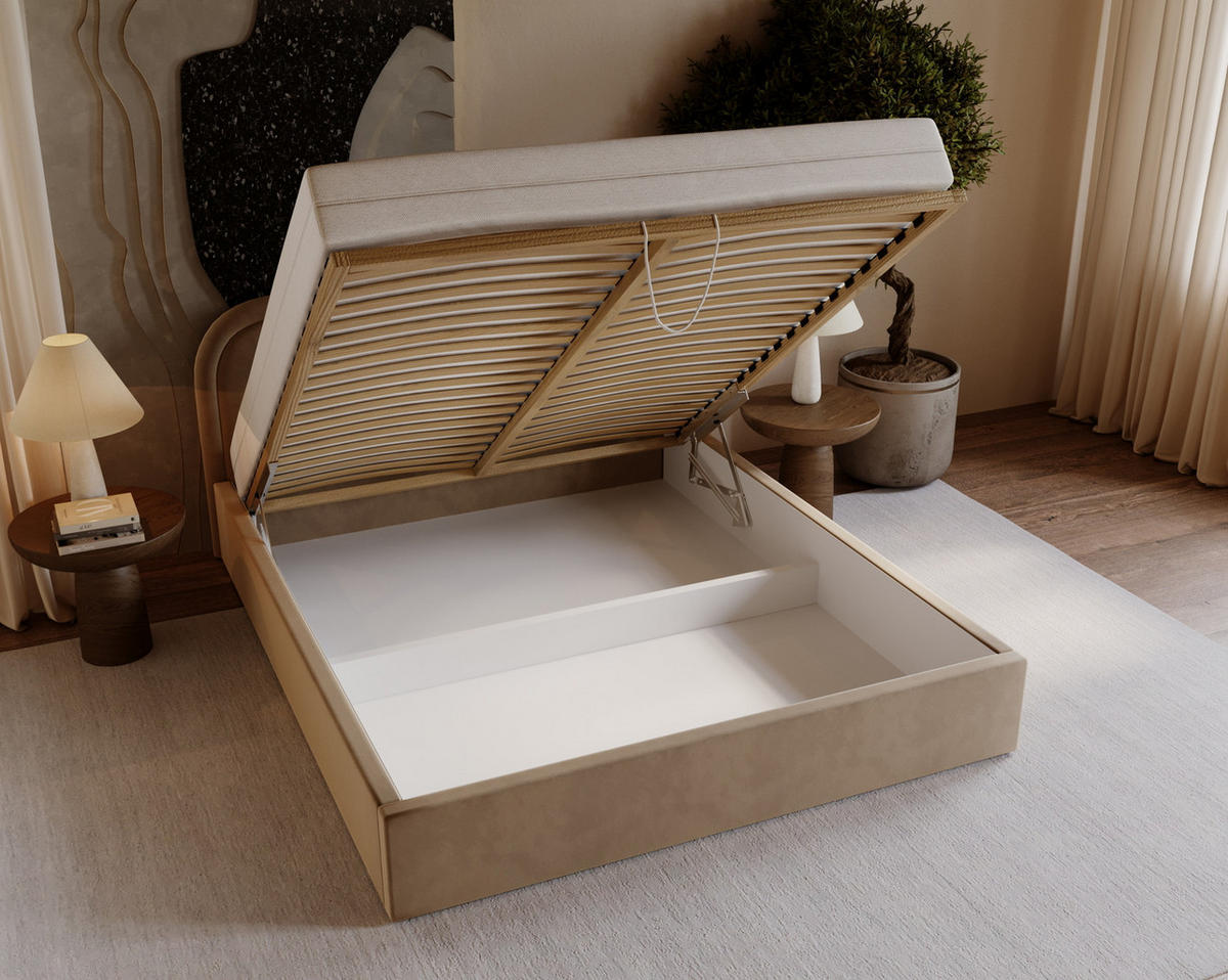 POLSTERBETT 180x200 Dune mit Bettkasten, runde Kopfteil, Samt, Latte - Cappuccino, Holz/Textil (180/200cm) - Emporius