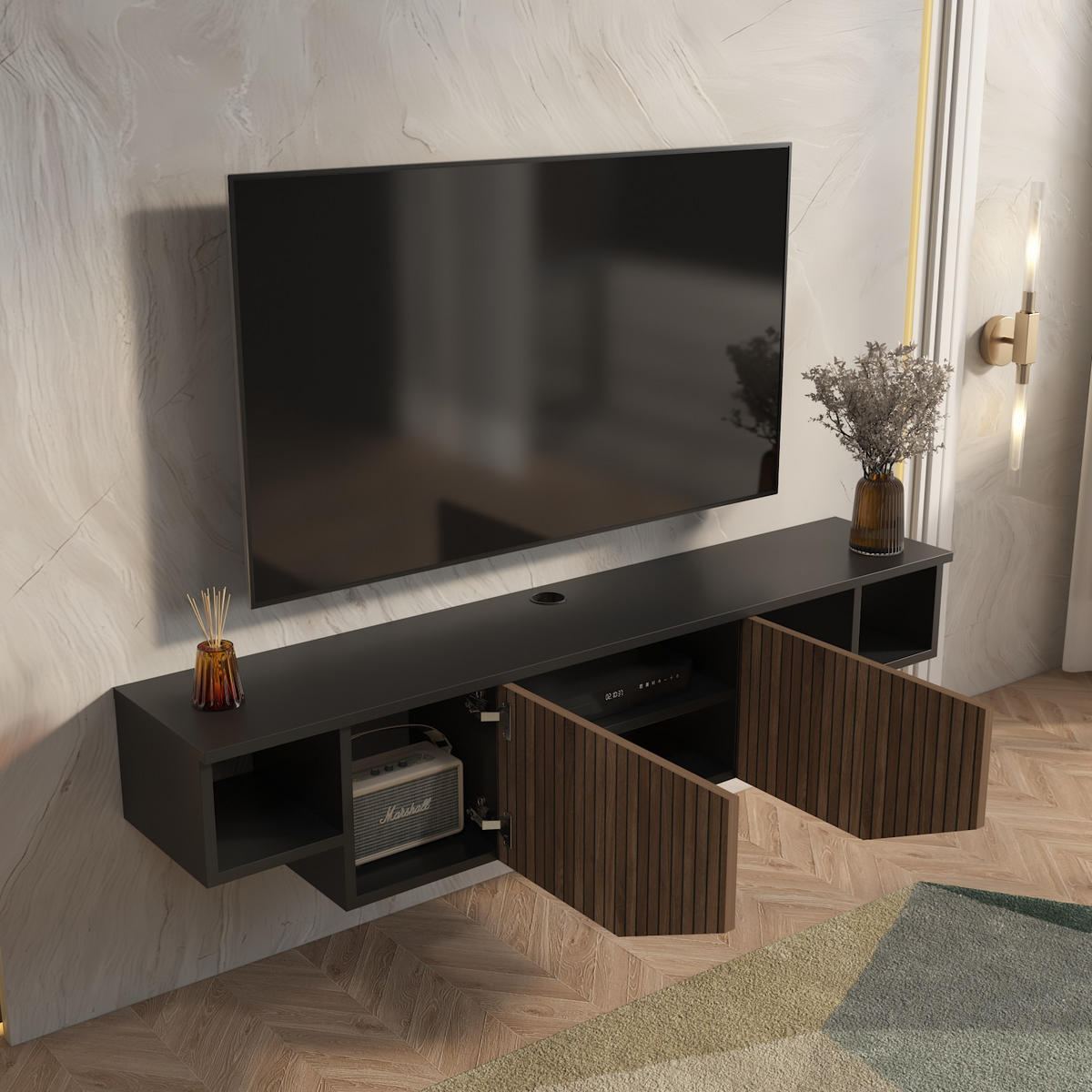 HÄNGENDE TV Einheit Hera Schwarz Alina - Schwarz, Holzwerkstoff (30/12.5/150cm) - Decorotika