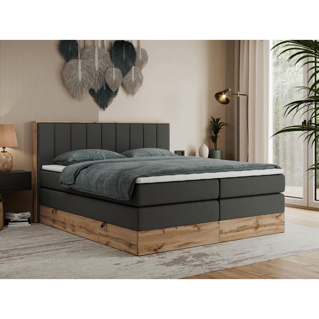 Thumbnail - MKS Boxspringbett, Dunkelgrau, Textil, 2-Sitzer, H4, Rechteckig, 200x200 cm, Schlafzimmer, Betten, Boxspringbetten