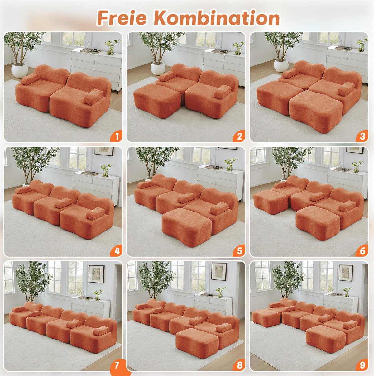 SOFA modular L-Form 4-Sitzer Samt Orange mit Hocker - Orange, Textil (167/384cm) - Meubliv