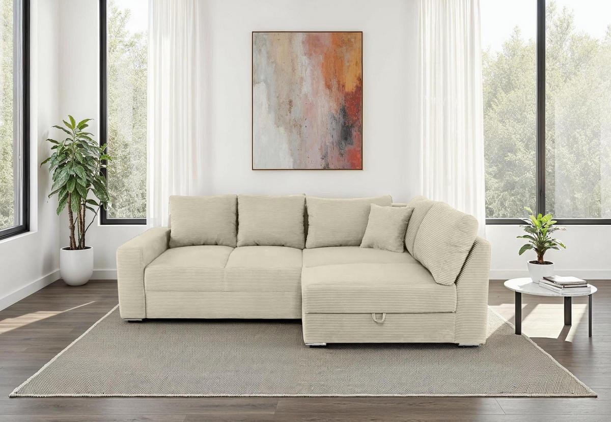 ECKSOFA-DAUERSCHLÄFER Boxspring Federkern Topper Bettkasten, seitenverkehrt montierbar B260/T181/H88 cm, Cord Beige Grau / 15235 - Chromfarben/Greige, Textil/Metall (260/181cm) - luma-home