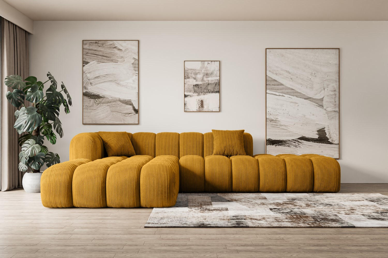 ECKSOFA Ottomane Links OLEA-L2 - 289x176x71 cm Senfgelb Cord - Gelb/Schwarz, Holzwerkstoff/Kunststoff (176/289cm) - ALTDECOR
