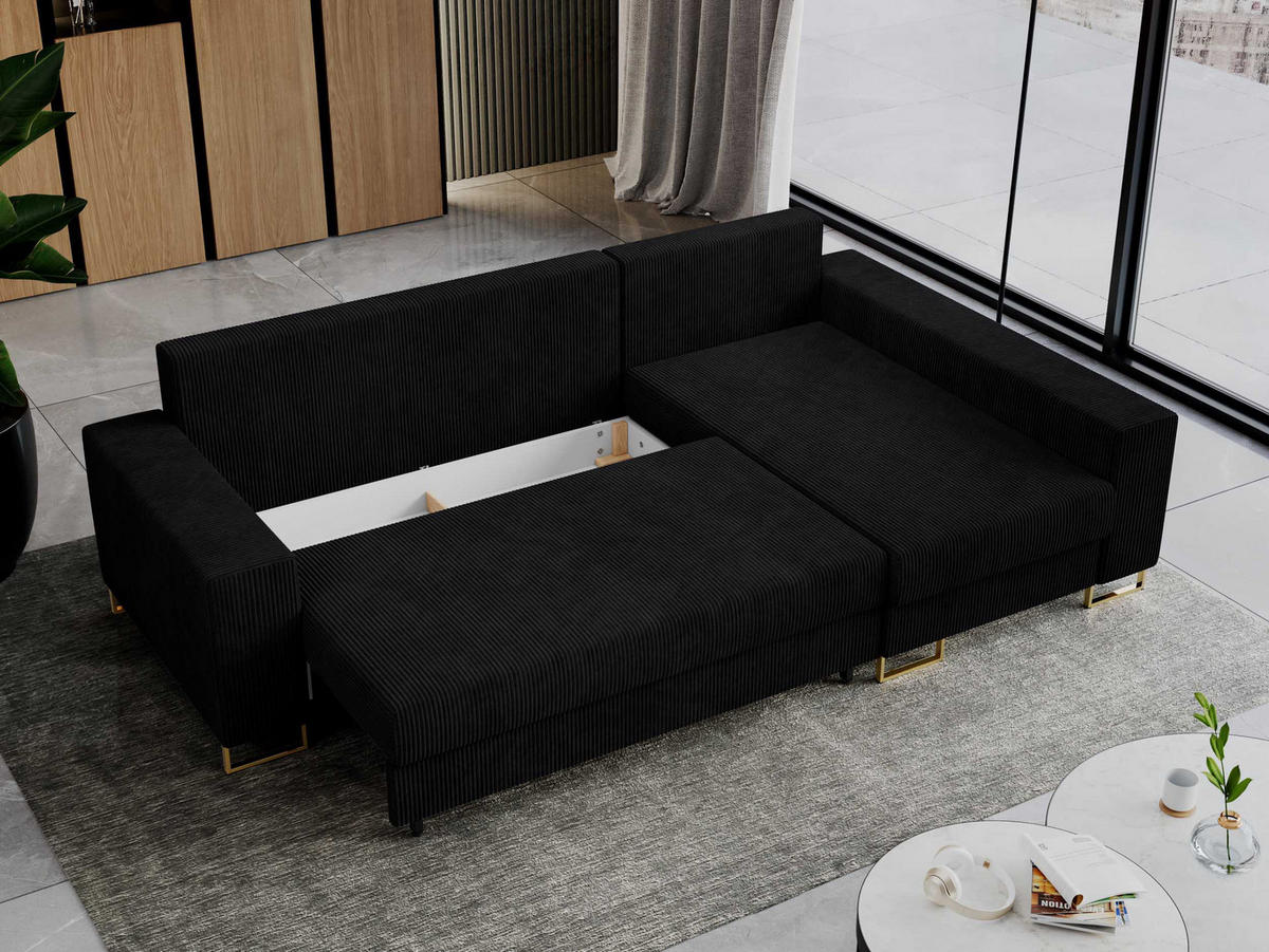 ECKSOFA Dorian Cord Schwarz - Goldfarben/Schwarz, Textil/Metall (242/138cm) - MKS