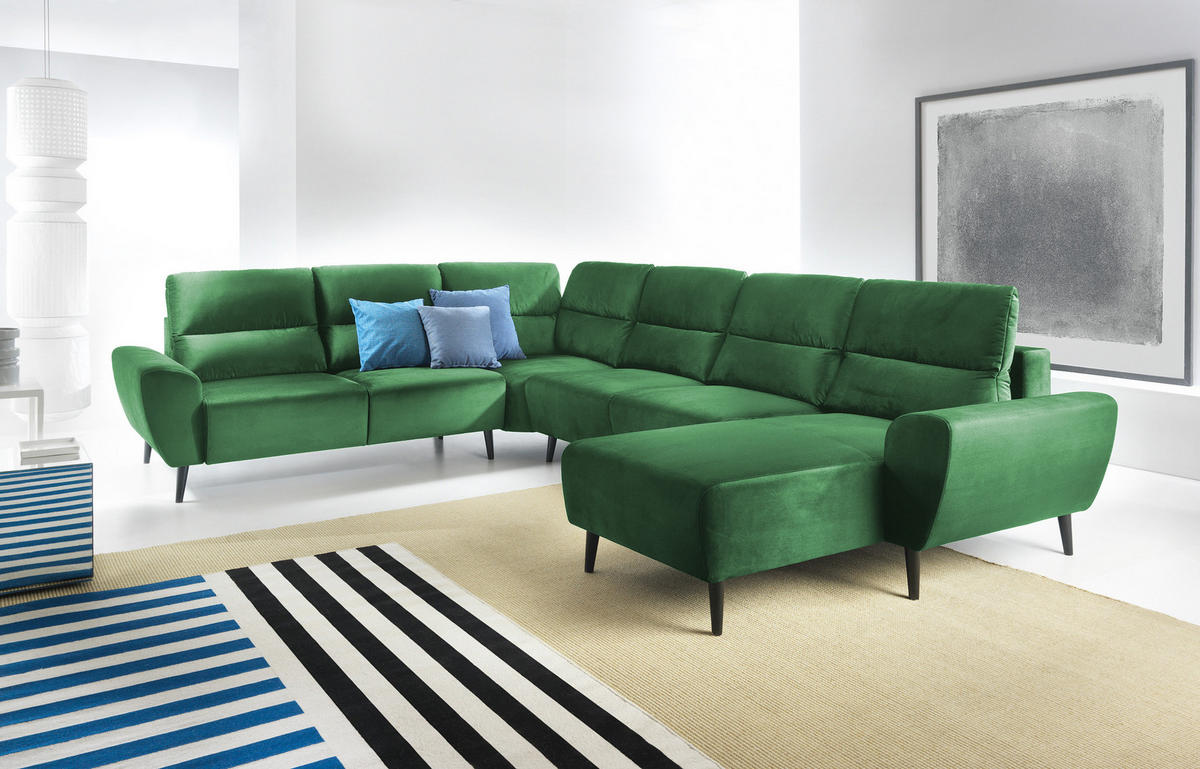 ECKSOFA BOSCO U-Form, Monolith-Stoff, freistehend, mit verstellbaren Kopfstützen, Sofa für Familien, Größe: 340x270x98cm, Farbe: Grün - Grün, Holz/Textil (340/270cm) - DomoHome