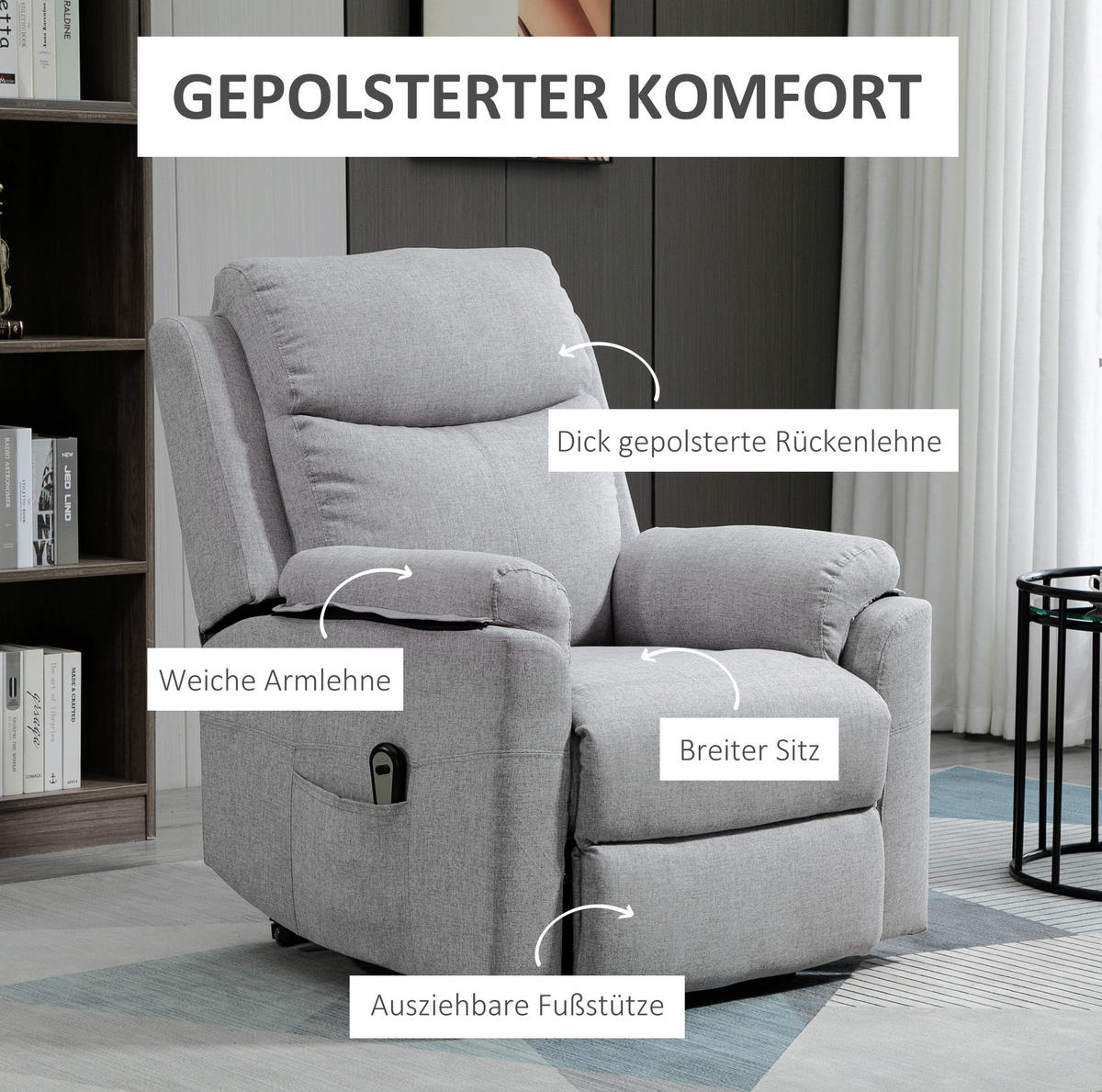 RELAXSESSEL Polyester mit Aufstehhilfe, Liegefunktion 160° 83/89/102 cm Grau - Grau, Textil (89/102/83cm) - Redom