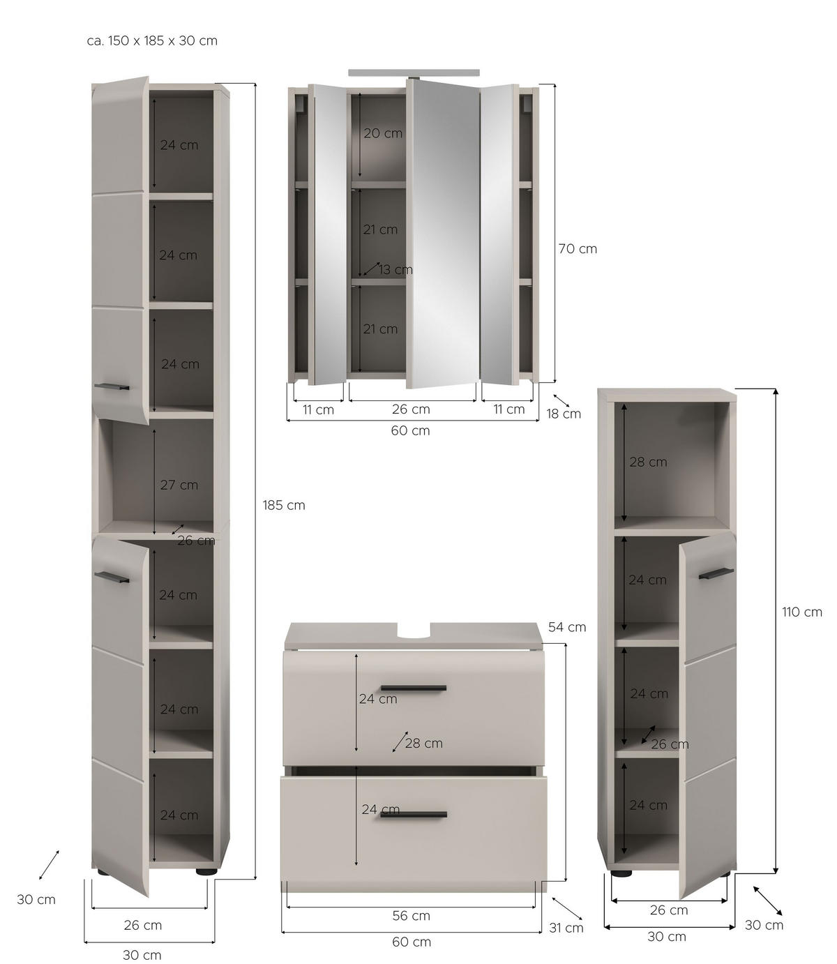BADEZIMMER inkl. Beleuchtung Alba 5-tlg. (B/H/T: ca. 150/185/30 cm) in Kaschmir/Kaschmir matt - Kaschmir, Holz (150/185/30cm)