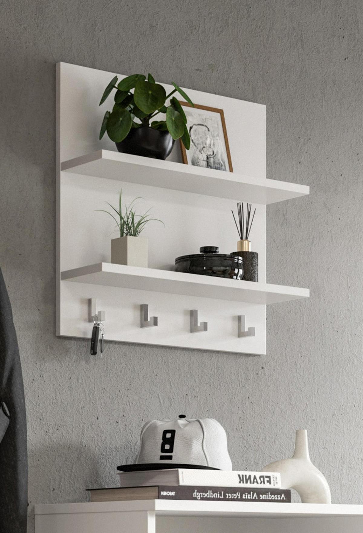 WANDREGAL weiß 52 x 52 cm, Schlüsselbrett mit Haken und Regalen - Weiß, Holzwerkstoff/Metall (52/52/15cm) - Inn.Furn