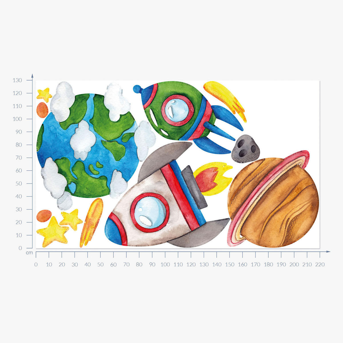 WANDAUFKLEBER 130x220cm - Erde Raketen Sterne - Multicolor, Kunststoff (130/220/0.1cm) - Wallfluent