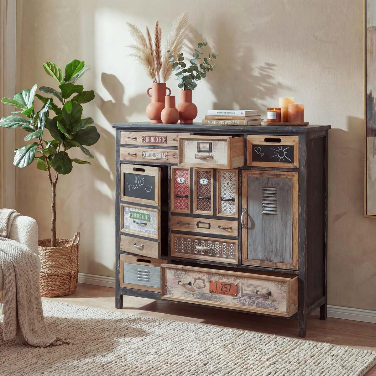 APOTHEKER-SCHRANK TANNE Schwarz, Multicolor - Multicolor/Schwarz, Holz (110/100/32cm) - MCW