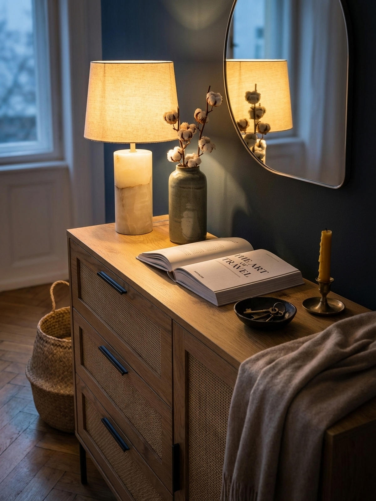 KOMMODE – Eiche-Dekor/Rattan, 80x82x36 cm, 3 Schubladen, 1 Tür, modern - Schwarz/Braun, Holzwerkstoff/Metall (80/82/36cm) - KADIMA DESIGN