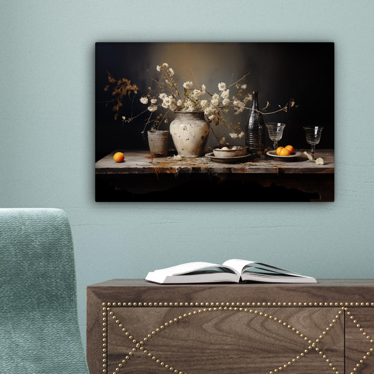 LEINWANDBILD Stilleben - Blumen - Blumenstrauß - Vase - Wein Deko Schlafzimmer 30x20 cm - Schwarz, Textil (30/20cm) - MuchoWow