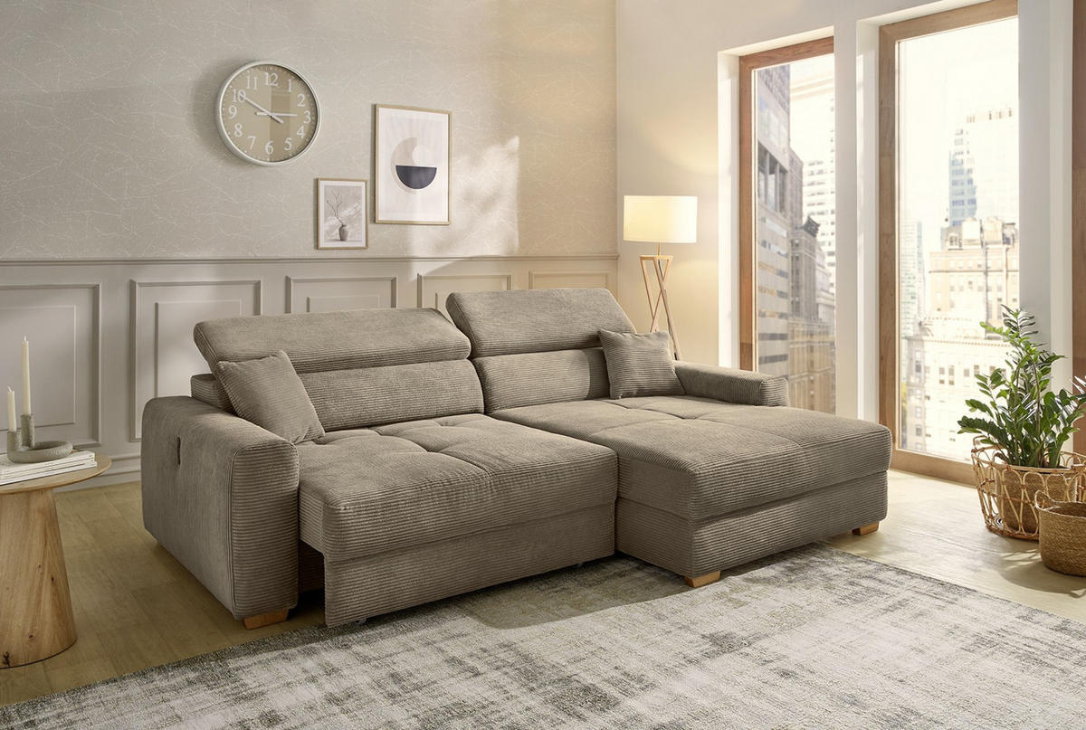 ECKSOFA mit elektrischer Sitztiefenverstellung, Kopflehnen verstellbar, USB-A und USB-C Ladefunktion B277/T187/H109 cm, Cord Braun Taupe / 15401 - Taupe/Eichefarben, Eichenholz/Textil (277/187cm) - luma-home