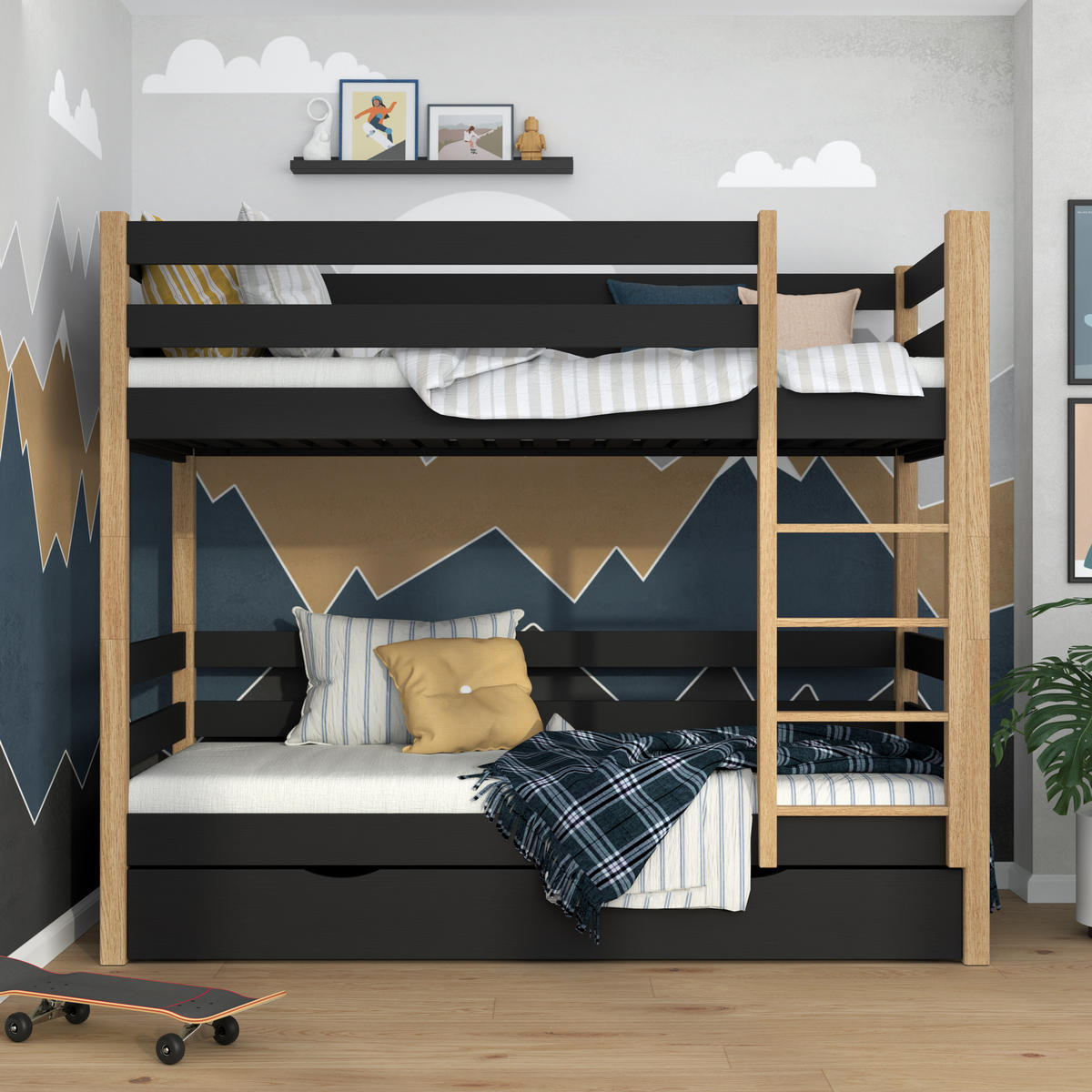 ETAGENBETT N01 mit Schublade Schwarz / Eiche Natur 90/200 - Schwarz/Eiche Artisan, Naturmaterialien/Holz (90/200cm) - N-Wood