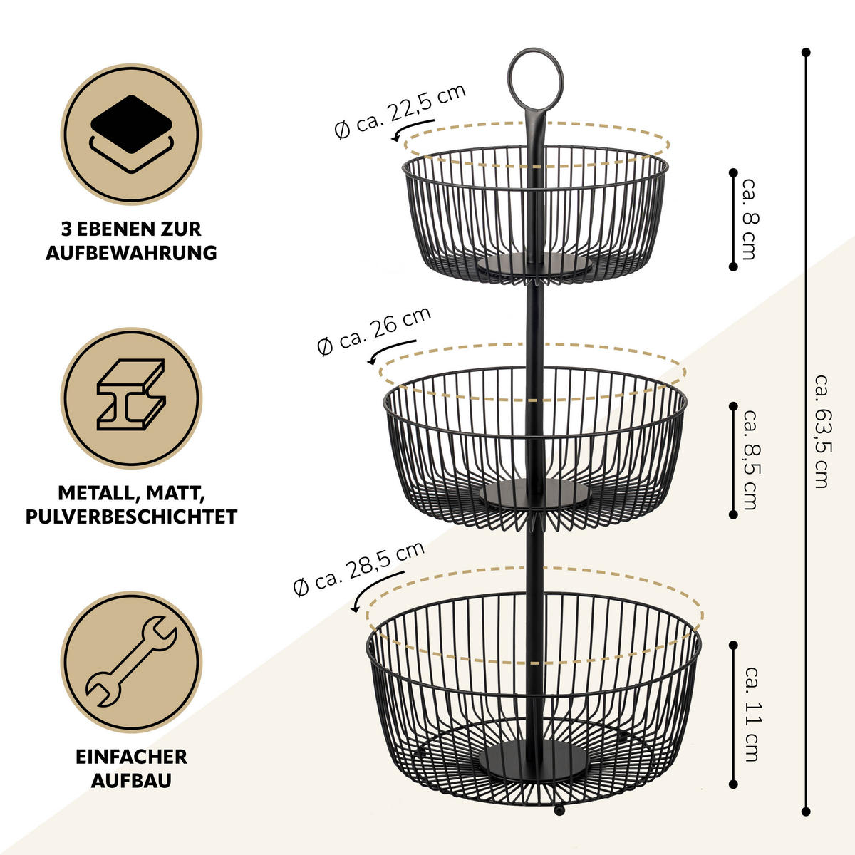 OBSTETAGERE, 3-stöckig, rund, Metall, Schwarz - Schwarz, Metall (63.5cm) - eluno