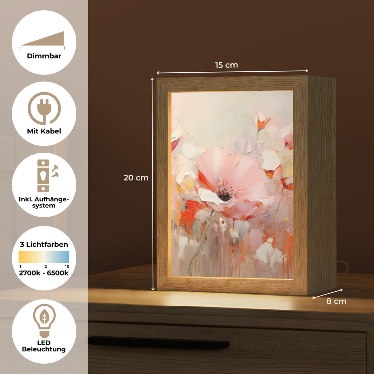STOLNÍ LAMPA Květiny - Akvarel - Růžová - Abstraktní - Umění 15x20 cm - antracitová, kompozitní dřevo (8/15/20cm) - OnlyWow